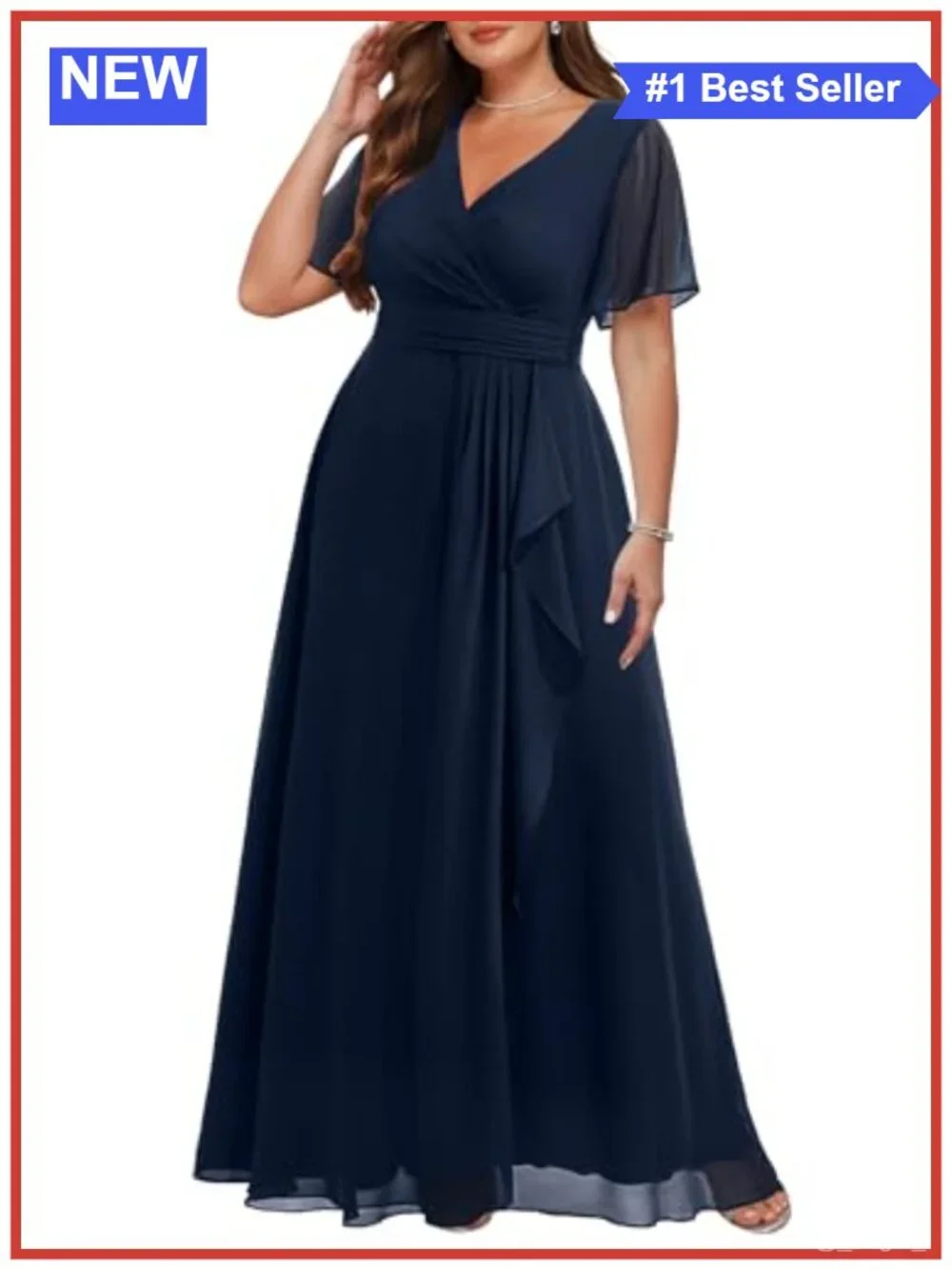 Plus Size Chiffon Formal Dress V-Neck Ruffle Long Sleeve Floor Length